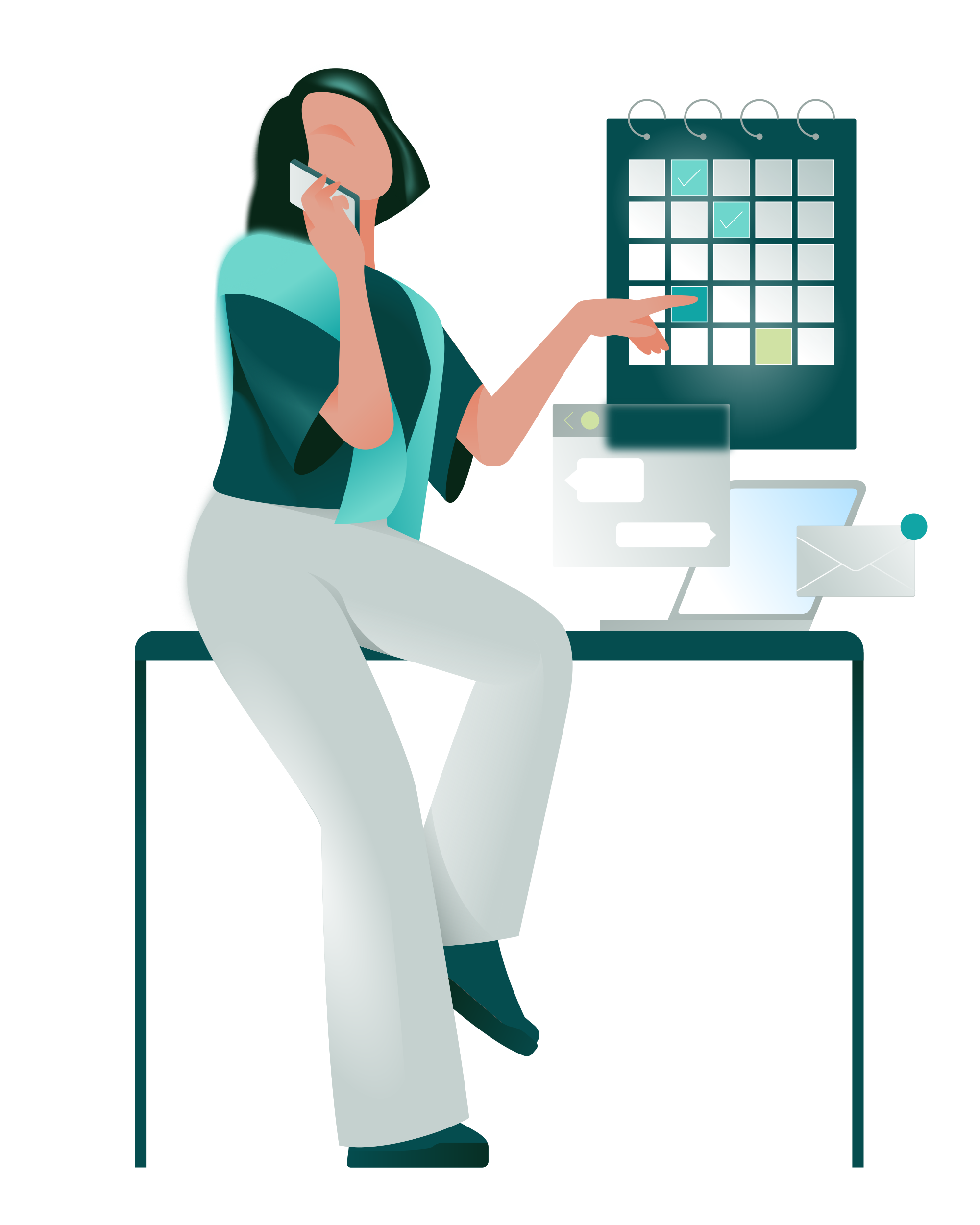 woman multitasking in the office White desk with laptop and woman's hands